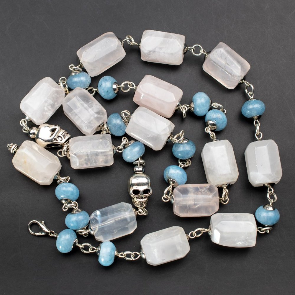 Super chunky rose quartz chalcedony necklace, long bold bead lariat Y necklace